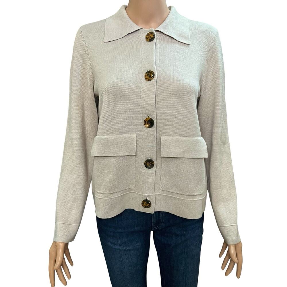 Chicos Milano Button Down Cardigan Small/0 Collared Flap Pocket Preppy Taupe
